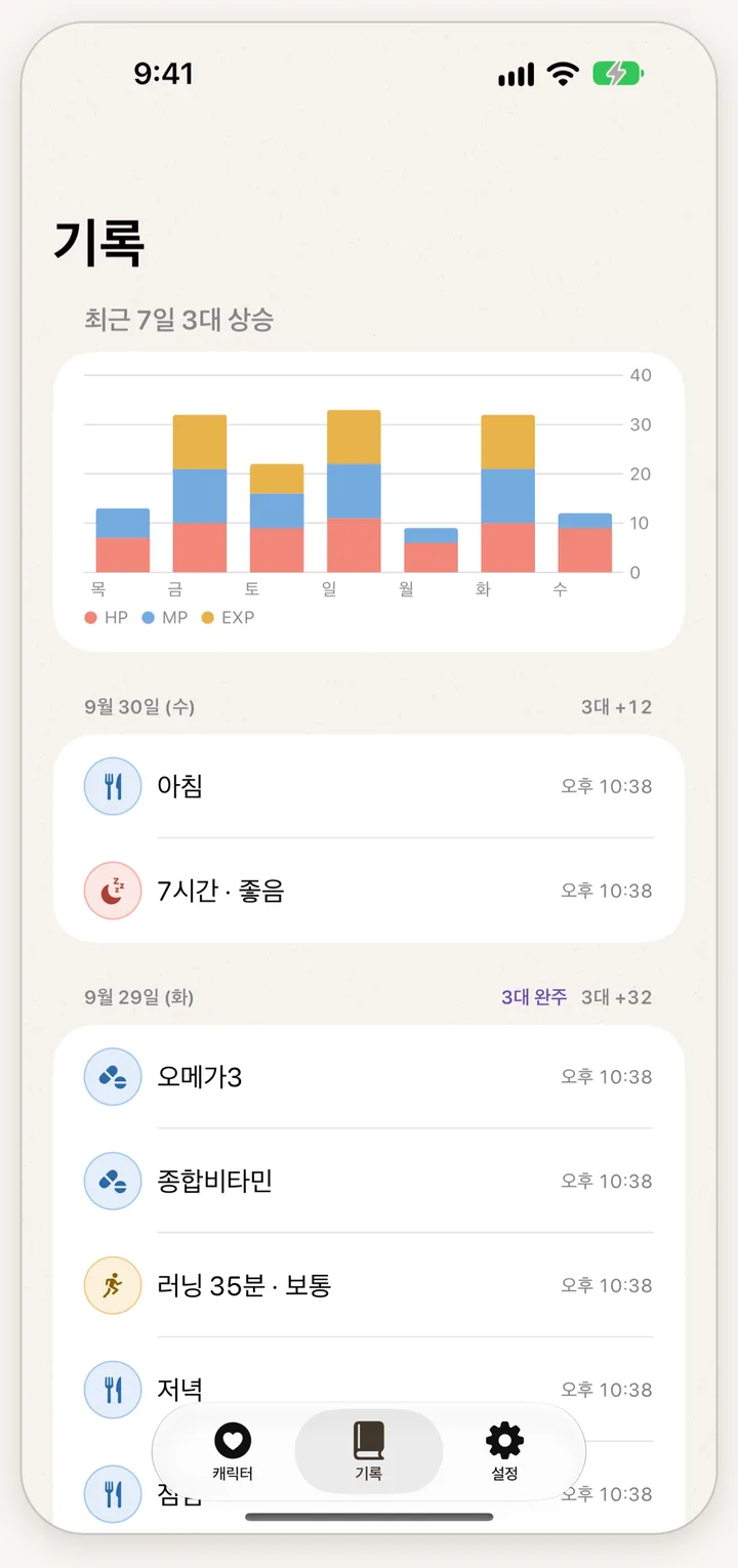 기록 탭 화면. 최근 7일 막대그래프와 날짜별 기록 목록이 있다.