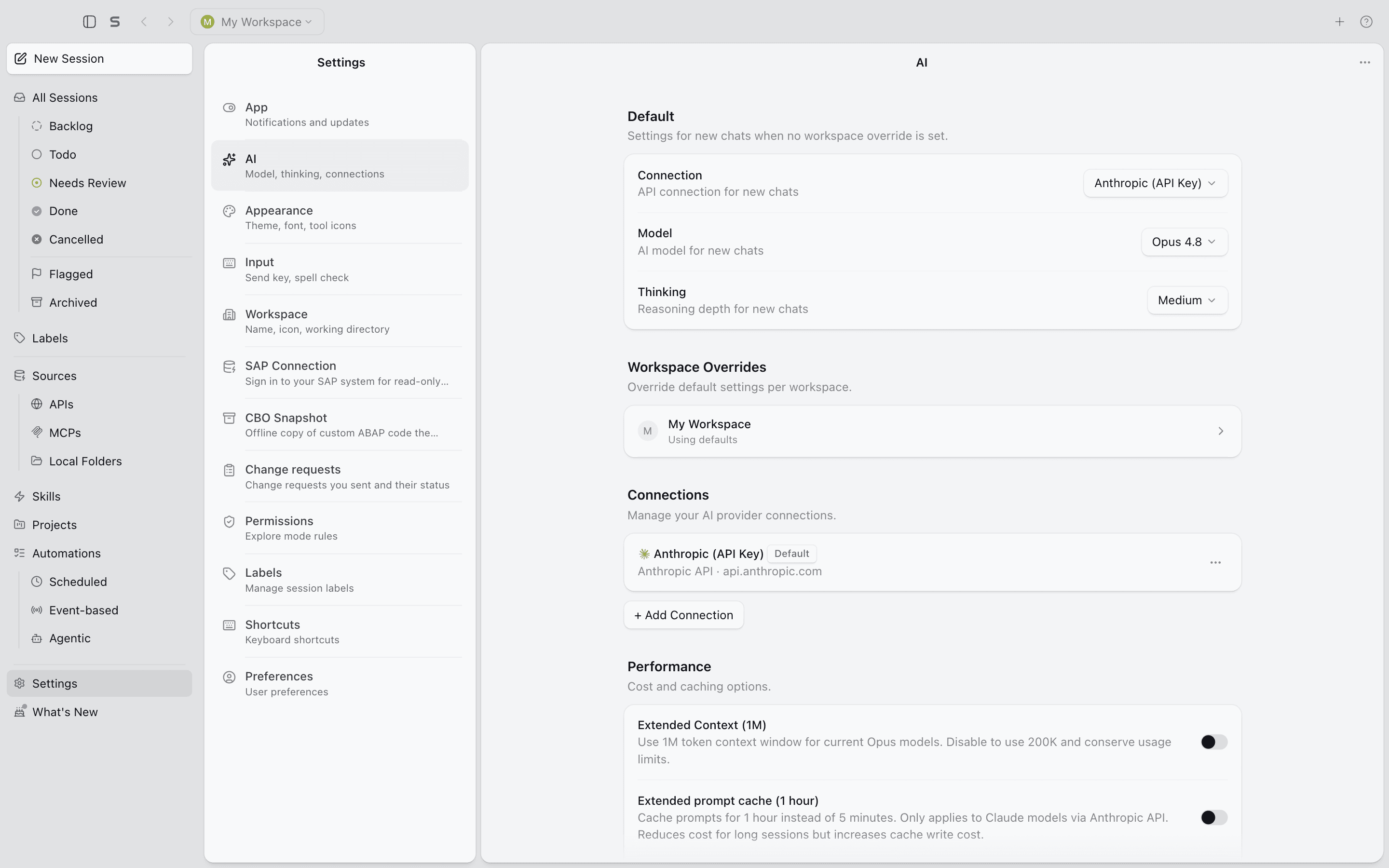The settings screen for choosing an AI connection