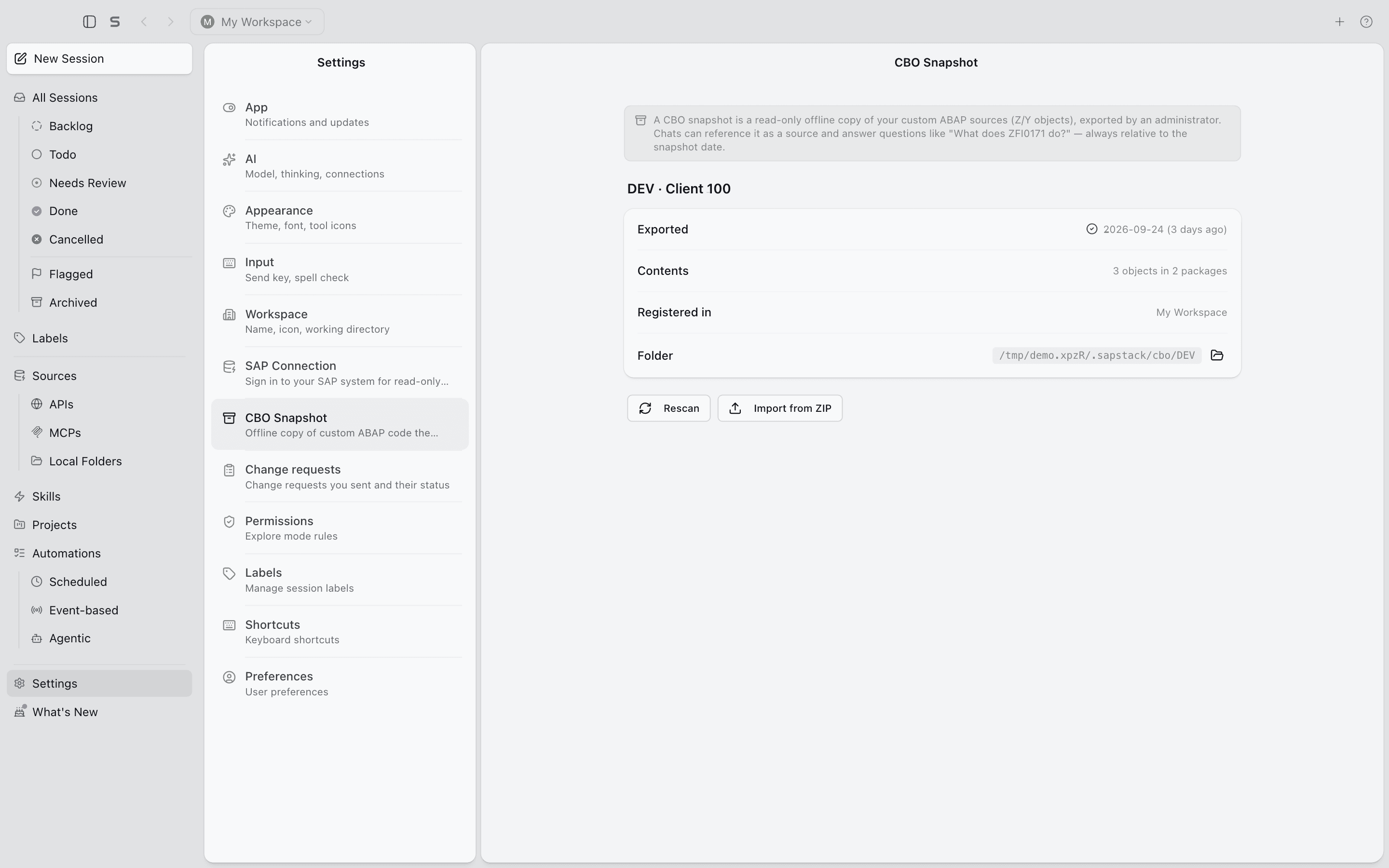 The settings screen for managing the CBO snapshot