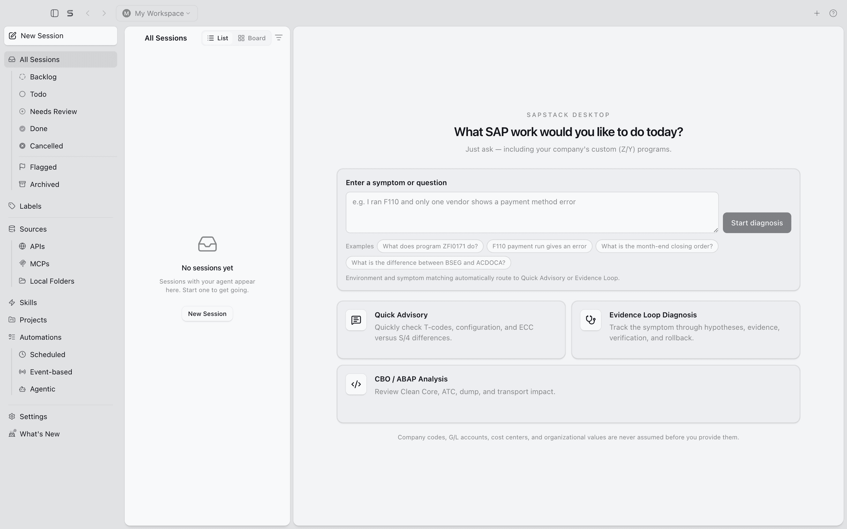 The simplified business-user home screen with example question buttons