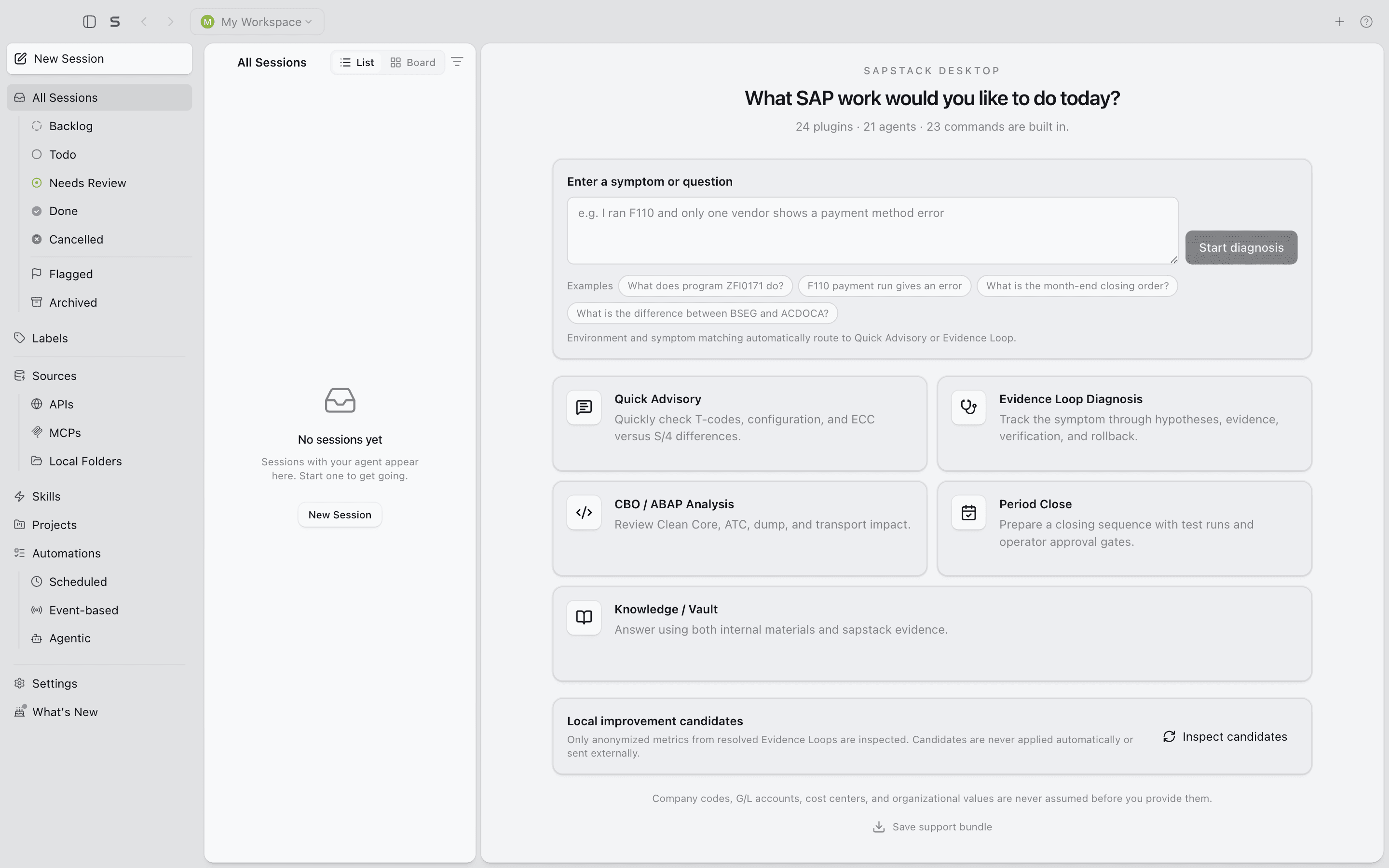 The sapstack home screen, with a question box in the middle.