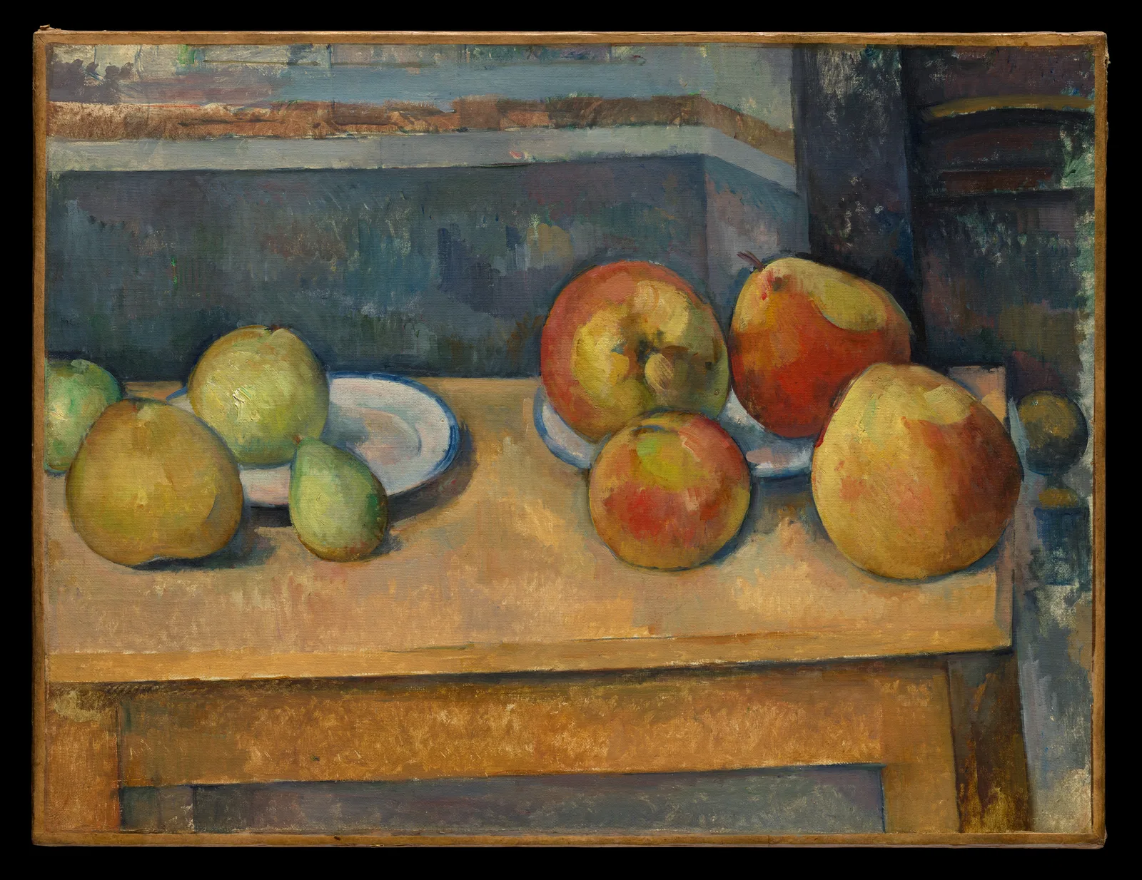 Paul Cézanne, Still Life with Apples and Pears: an ochre tabletop fills the lower half of the picture, holding two white plates with blue rims, yellow and red apples and green pears. The table's apron and the frame below are painted flat, as if seen straight on, with a blue-grey wall behind.