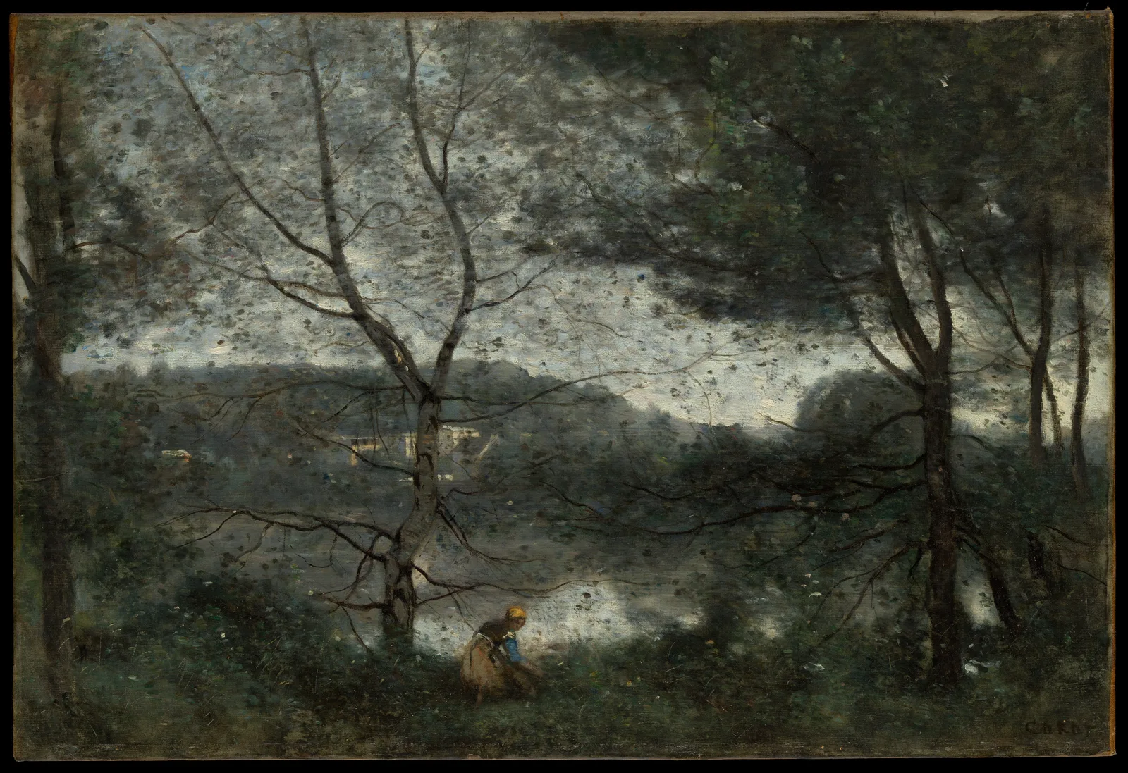 Camille Corot, Ville-d'Avray: a tree spreads thin branches like lines against a silver-grey sky, its leaves painted as scattered dark dots that merge with the sky. Behind it are a hazy pond and hills, and a small crouching woman is at lower centre.