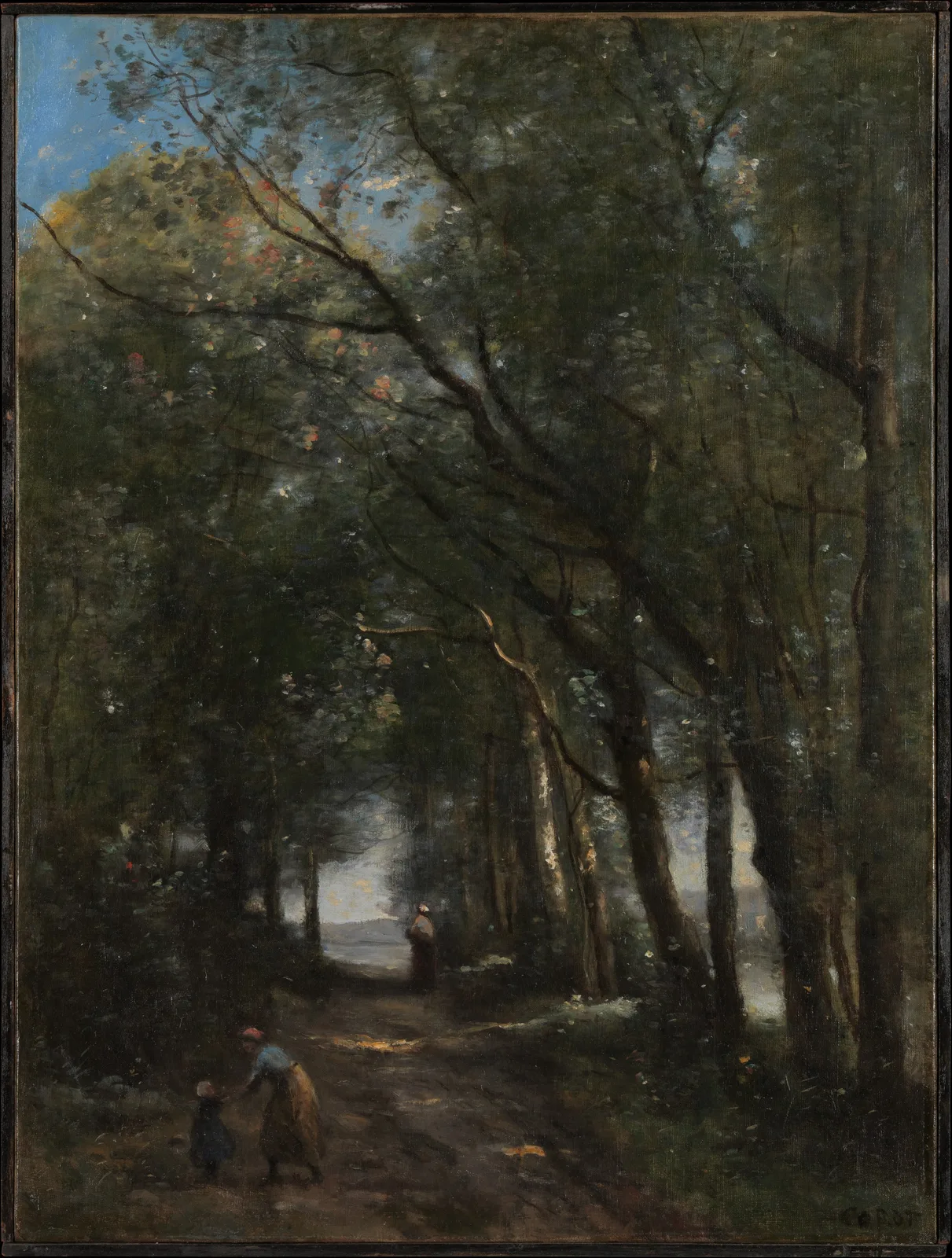 Camille Corot, A Lane through the Trees: in an upright picture, tall trees bend over a lane to form a tunnel, with a bright waterside and a standing figure at its end. At lower left a woman walks holding a child's hand, and the leaves against blue sky at upper left are flecked with orange and red.