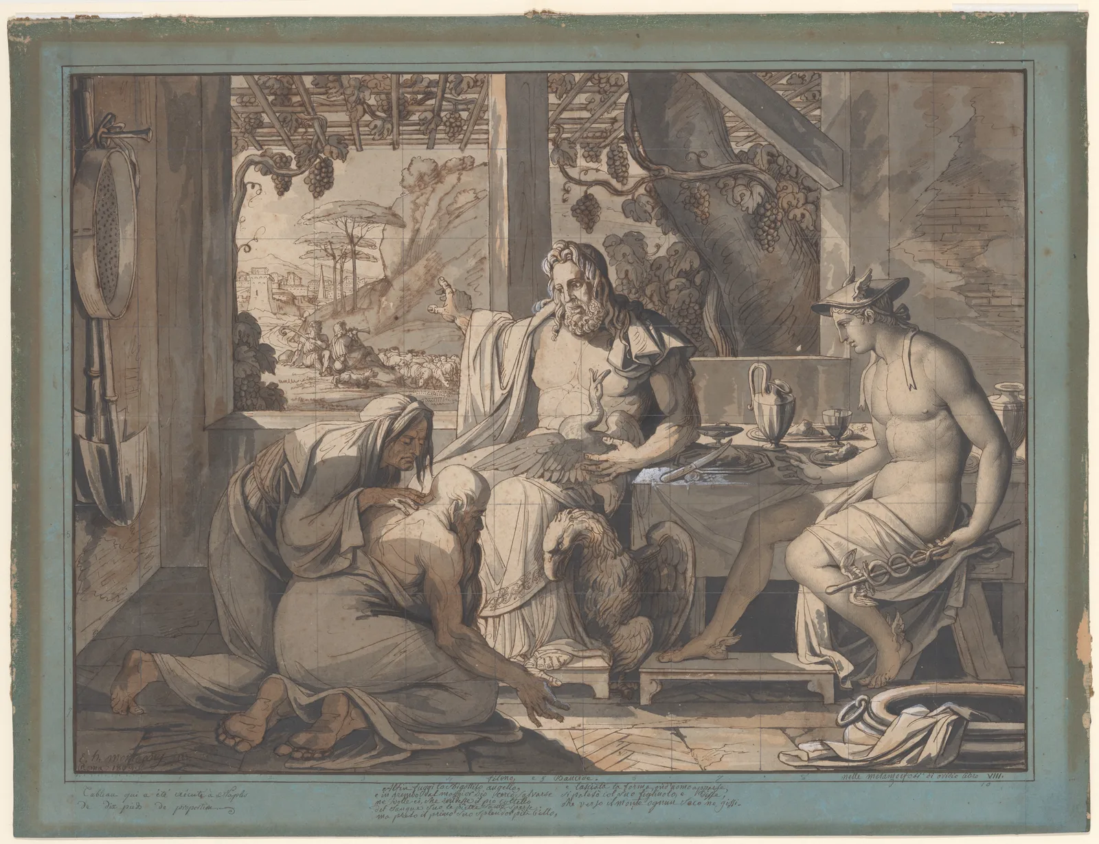 Two gods sit at the table of a humble house while an elderly couple bow low before them; vines and fields show through the window. A drawing in brown and gray wash.