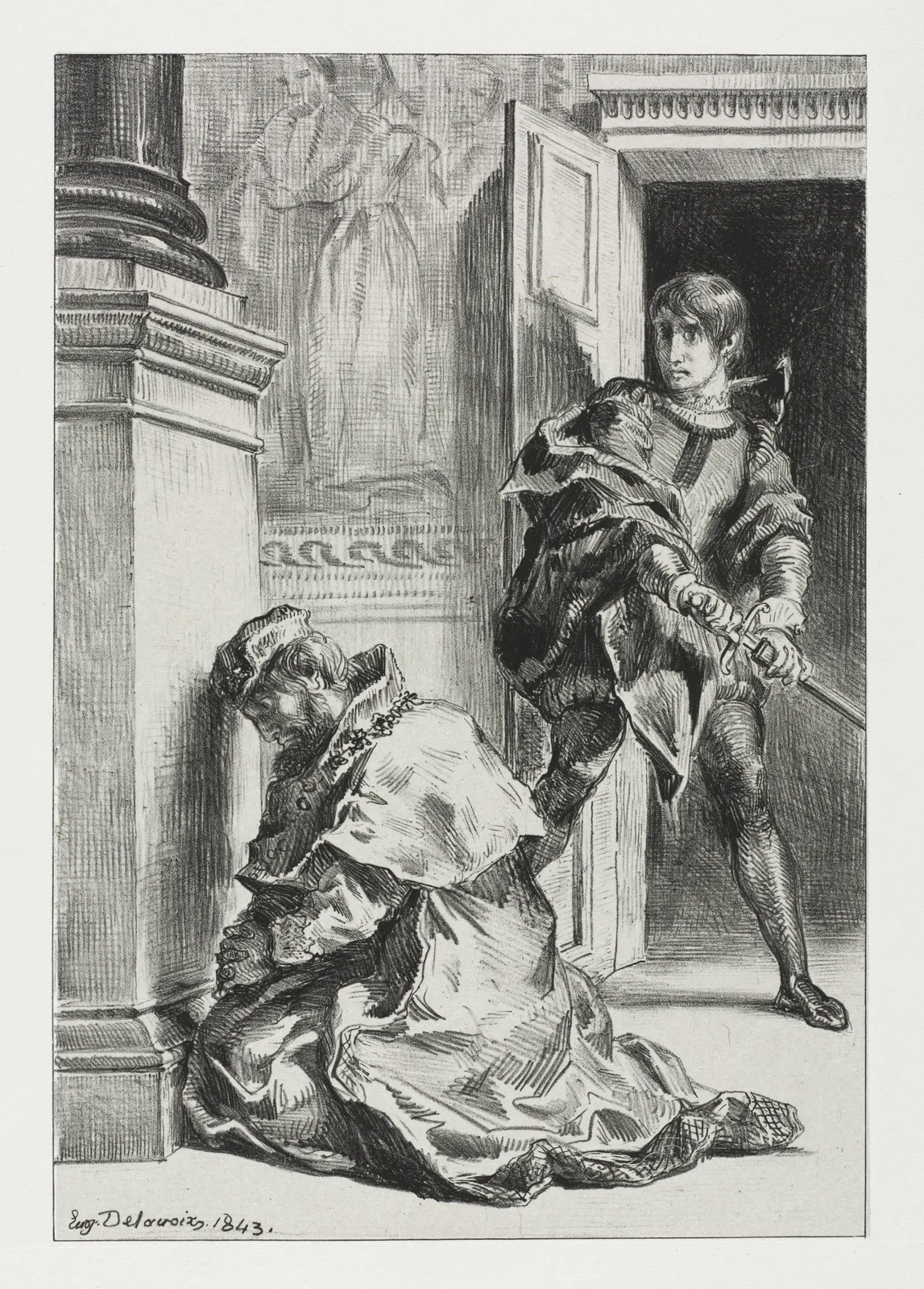 Eugène Delacroix, lithograph Hamlet Attempts to Kill the King. On the left a robed king kneels against the wall beside a column, head bowed; on the right a young man with a drawn sword leans out of an open doorway and looks down at him.