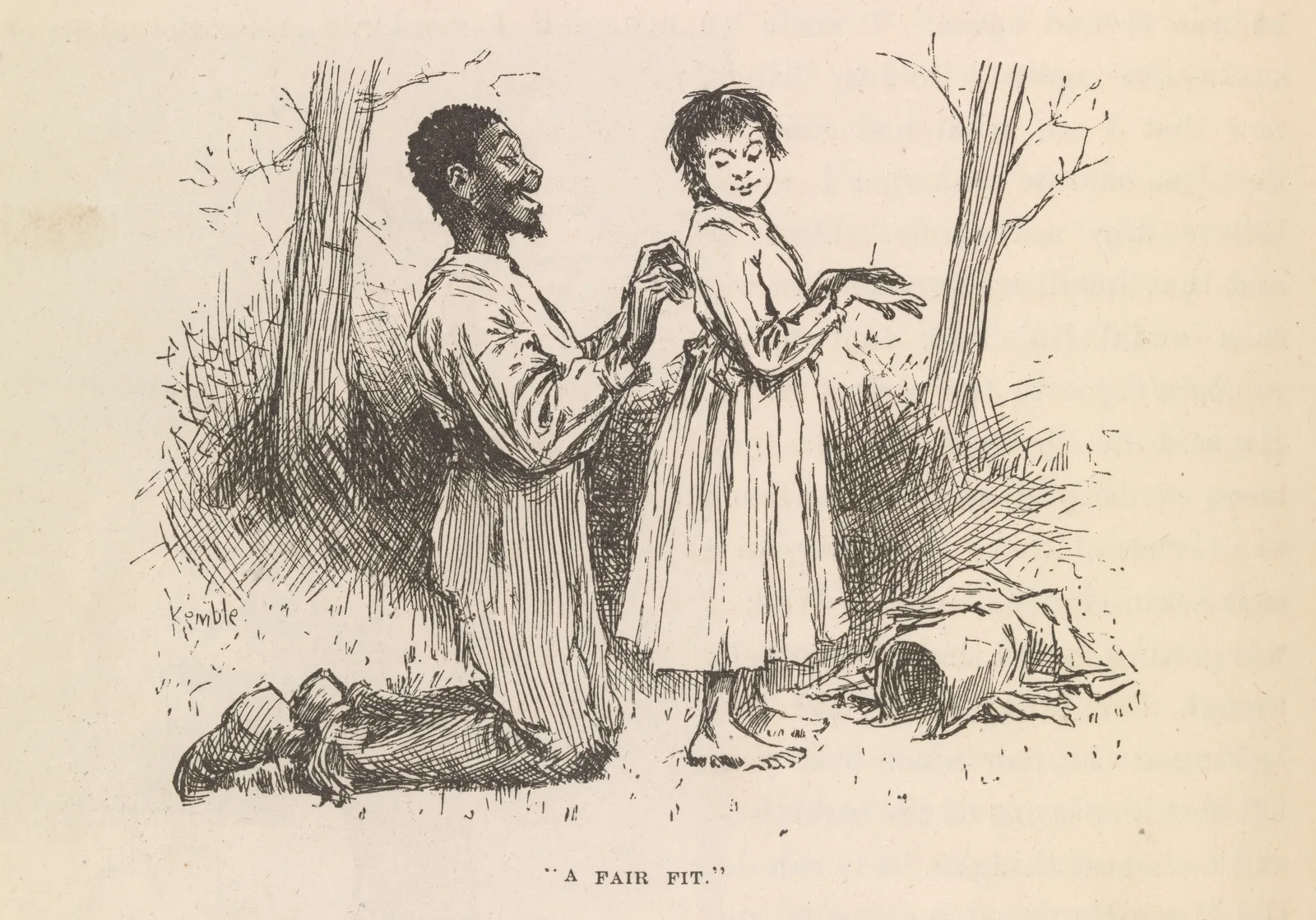 1885년 미국 초판에 실린 E. W. 켐블의 펜 삽화. 숲속 나무 사이에서 무릎을 꿇은 짐이 맨발에 긴 원피스를 입은 헉의 등 뒤 옷을 여며 주고, 헉은 두 팔을 들어 소매를 내려다본다. 오른쪽 바닥에 벗어 둔 옷가지가 있고, 그림 아래에 “A FAIR FIT.”라는 제목이 적혀 있다.