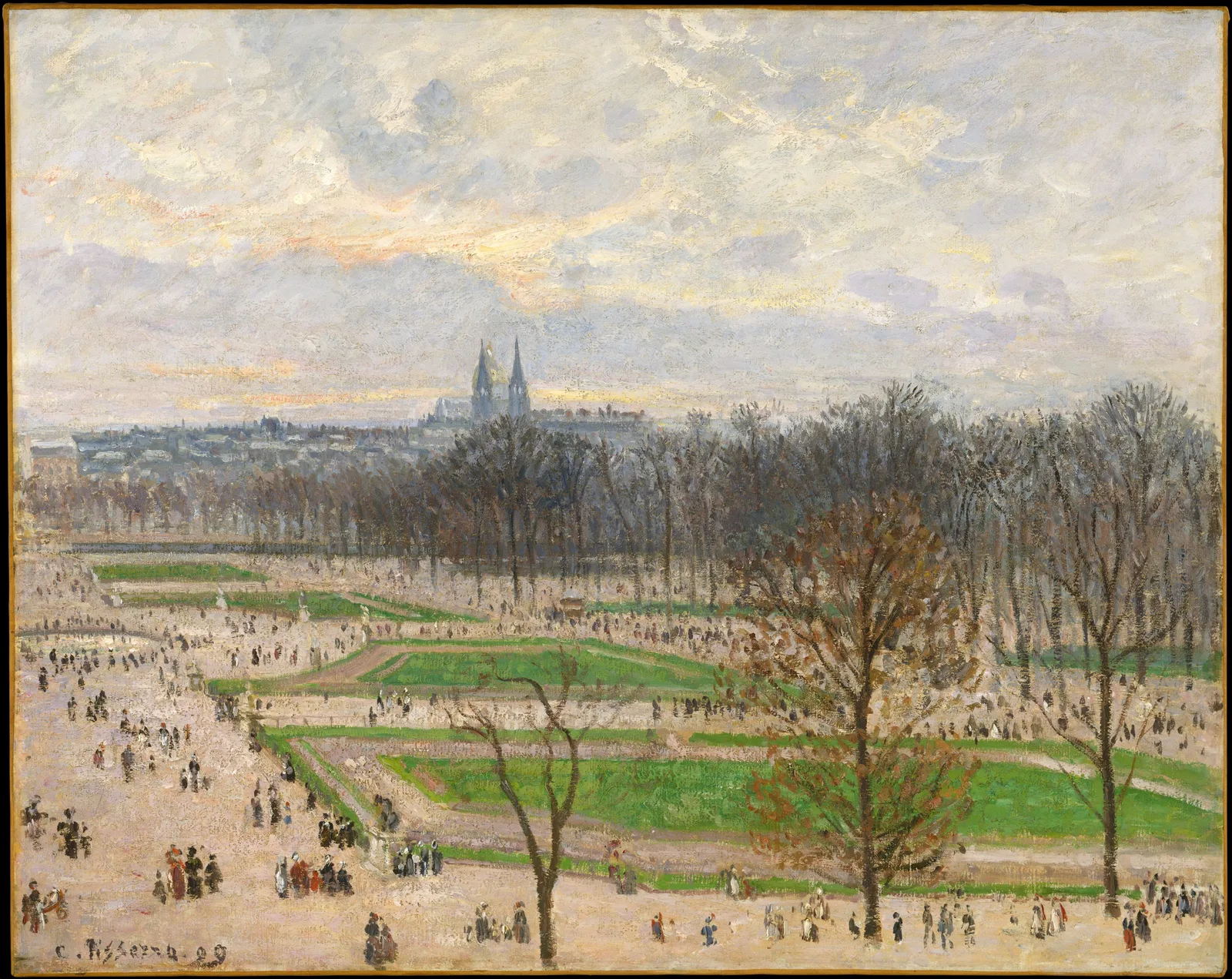 Camille Pissarro, The Garden of the Tuileries on a Winter Afternoon: a wide garden seen from above with pinkish sand paths, geometric green lawns and rows of bare trees. Tiny people are scattered on the paths as short vertical strokes. Far off, two pointed spires rise above a blue-grey city, and yellow light spreads through the clouds.