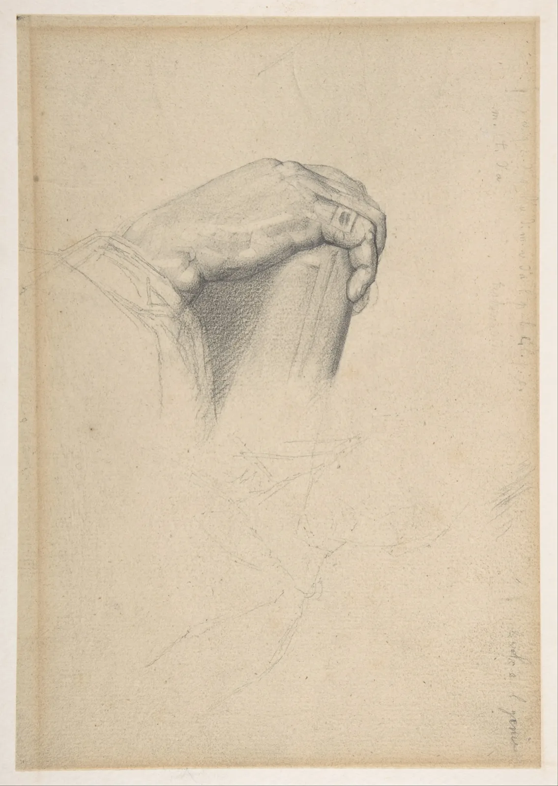 Seurat's pencil drawing of Poussin's hand after Ingres. In the upper middle of a yellowish sheet, a hand wearing a ring grips something from above. The back of the hand and the knuckles are rounded with fine pencil shading, and the bright spots on the knuckles are bare paper. Below the hand, the gripped object is darkened with dense hatching. The sleeve on the left and the lower half of the sheet are only roughed in with a few thin pencil lines. There is handwriting along the lower right edge.