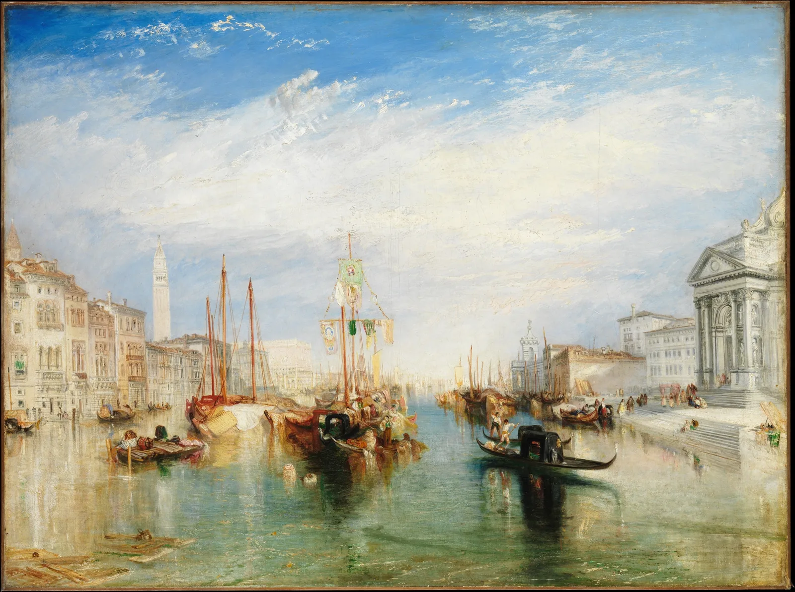 Turner, Venice, from the Porch of Madonna della Salute: more than the upper half of the picture is blue sky with thickly rubbed white cloud. Below, a turquoise canal runs into the distance, with cream-coloured palaces and a tall bell tower on the left and a white church front with steps on the right. In the middle of the canal float sailing boats hung with banners and a black gondola rowed by two boatmen in white shirts.