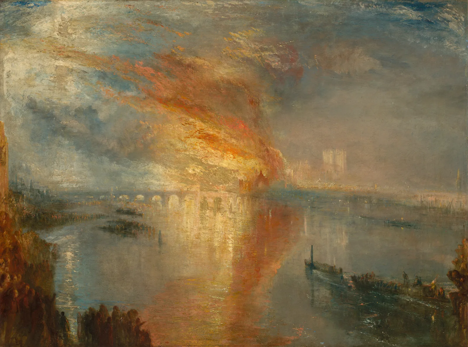 Turner, The Burning of the Houses of Lords and Commons, 16 October 1834: from a building in the middle of the picture, orange, crimson and yellow flames and smoke sweep diagonally up to the upper left and cover the sky. Below, the arches of a bridge glow in the firelight, and a long red reflection runs down through the river. On the bank at lower left, the heads of watching people overlap as a reddish-brown mass; at lower right, boats carrying people move on the river towards the fire.