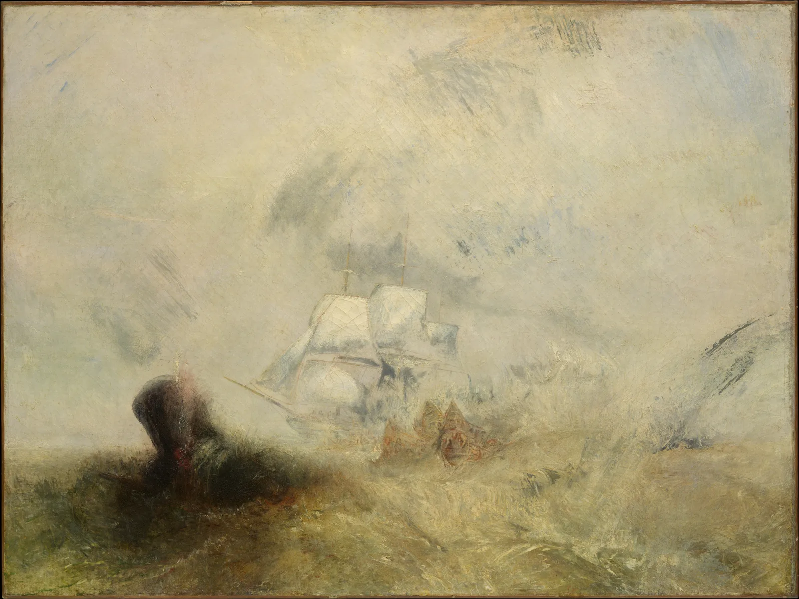 Turner, Whalers: almost the whole picture is cream-grey mist and spray. In the middle a sailing ship with white sails floats as a blurred outline, and at lower left a dark brown mass with a touch of red at its top rises from the water. Below and to the right of the ship, pointed orange and reddish-brown shapes are tangled together. The horizon between sky and sea is barely visible.