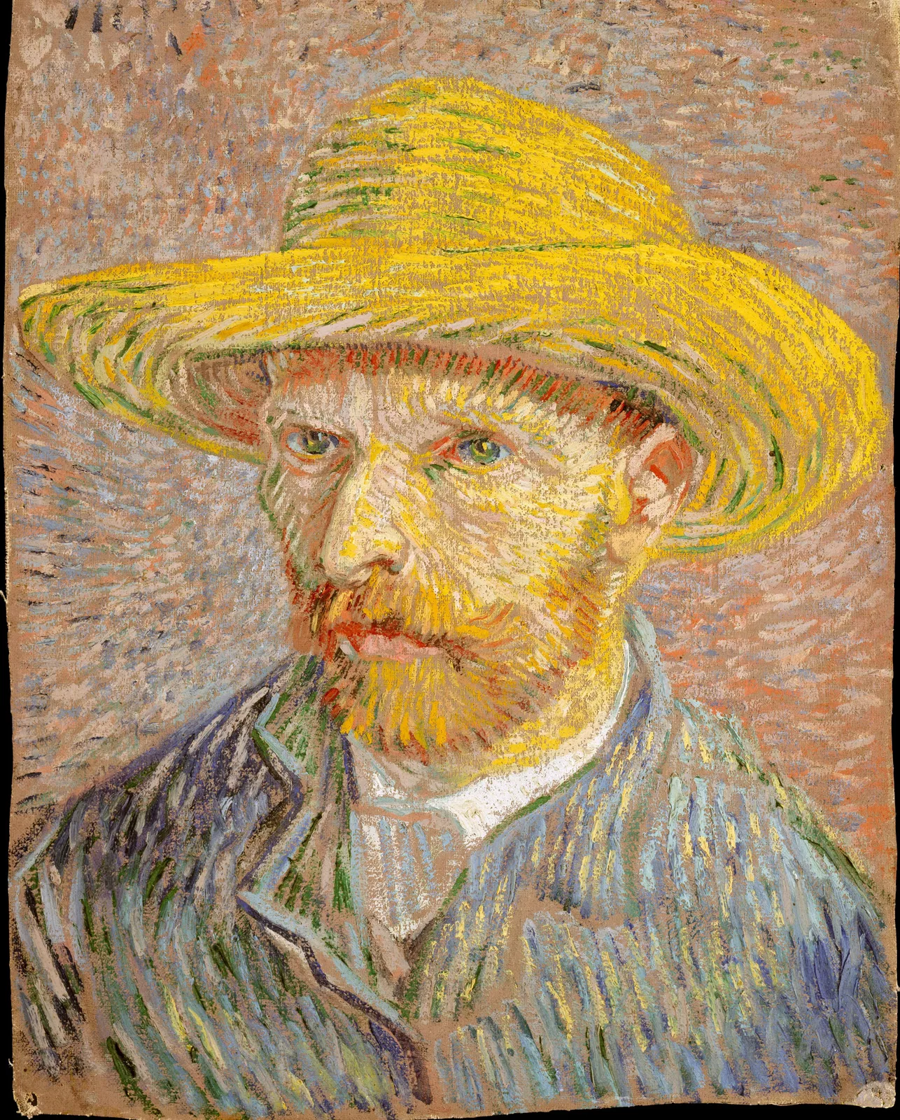 Vincent van Gogh, Self-Portrait with a Straw Hat: a man in a yellow straw hat, turned slightly, looks out. He has a red beard and blue eyes; the face is built from short strokes of yellow, pink and green, the jacket from long strokes of blue, green and yellow, with a white collar. The background is short touches of orange, blue-grey and pale pink scattered over the brown canvas.