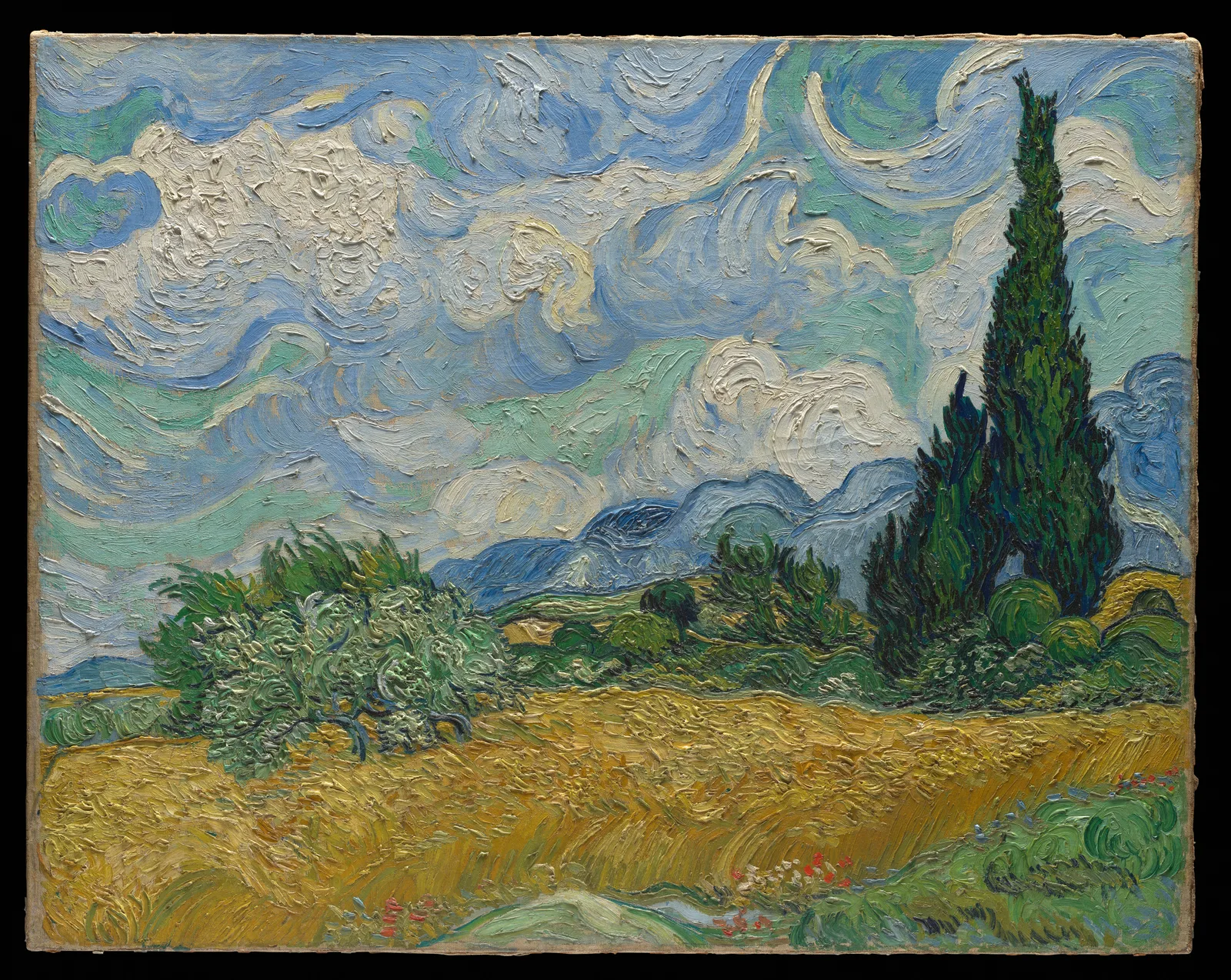 Vincent van Gogh, Wheat Field with Cypresses: over more than the upper half, white clouds swirl in a blue and turquoise sky, with a range of blue mountains below. Two dark green cypresses rise on the right, and a grey-green olive tree stands on the left. The lower part is a yellow wheat field, with a few red poppies and green grass at the very front.