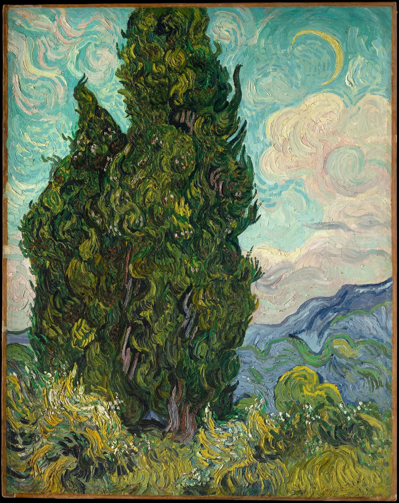 Vincent van Gogh, Cypresses: two dark green cypresses fill the left two-thirds of an upright canvas, their top cut off by the upper edge. The trees are covered with green strokes curling in S and C shapes. On the right, pink and white clouds swirl in a turquoise sky with a yellow crescent moon, above blue mountains and a yellow-green meadow.