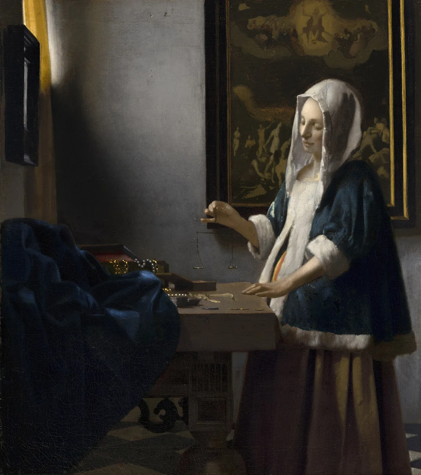 Johannes Vermeer, Woman Holding a Balance: a window with a yellow curtain at the upper left, a woman holding a small balance, an open box and pearls on the table, and a large picture in a dark frame on the back wall.