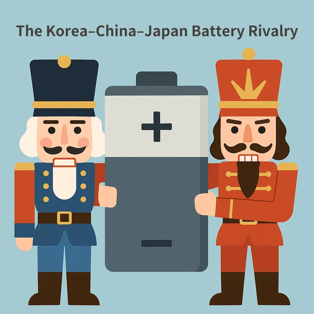 Illustration titled The Korea–China–Japan Battery Rivalry: two nutcracker soldiers, one in blue and one in red, squeeze a large battery between them.