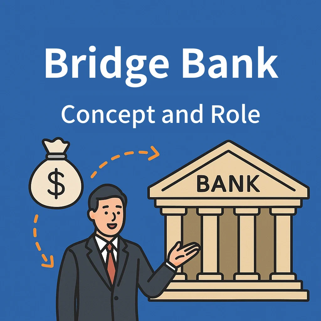 Blue cover titled Bridge Bank with the subtitle Concept and Role; a man in a suit gestures toward a classical building marked BANK, with dashed arrows linking a money bag to the bank.