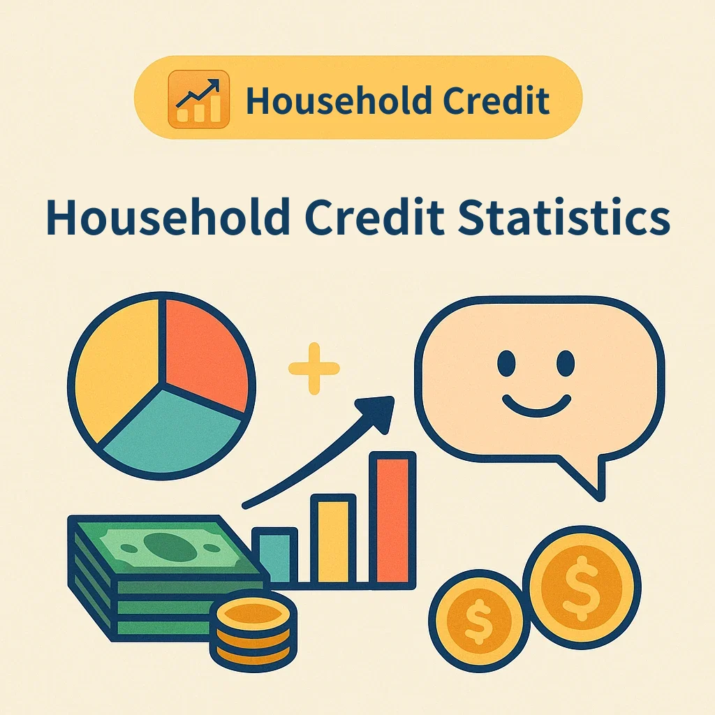 Cover with a yellow label reading Household Credit and a large title reading Household Credit Statistics, above a pie chart, a rising bar chart with an arrow, stacks of banknotes, coins and a smiling speech bubble.