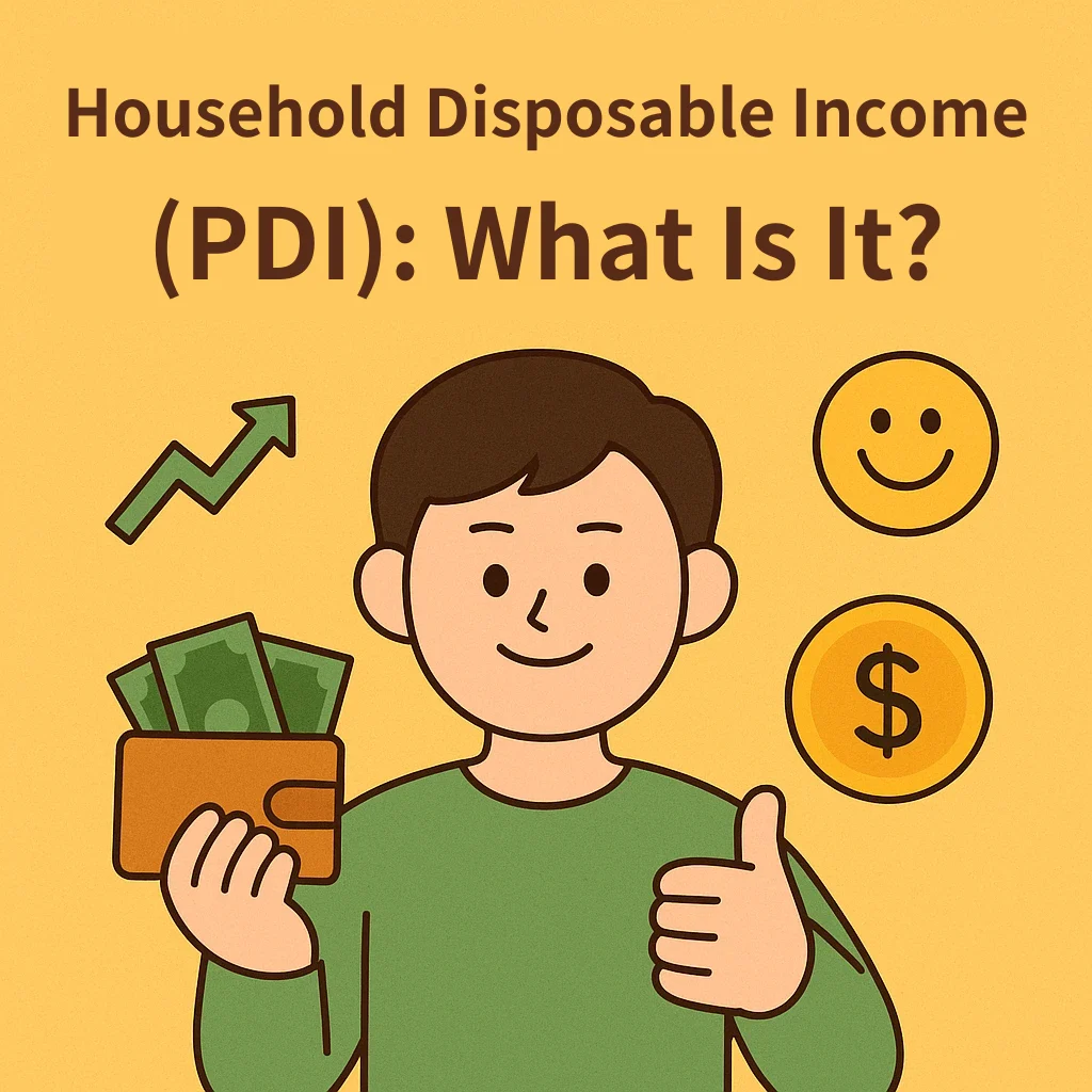 Cover titled Household Disposable Income (PDI): What Is It?, showing a smiling man holding a wallet stuffed with banknotes and giving a thumbs-up, with a rising arrow, a smiley face and a dollar coin.