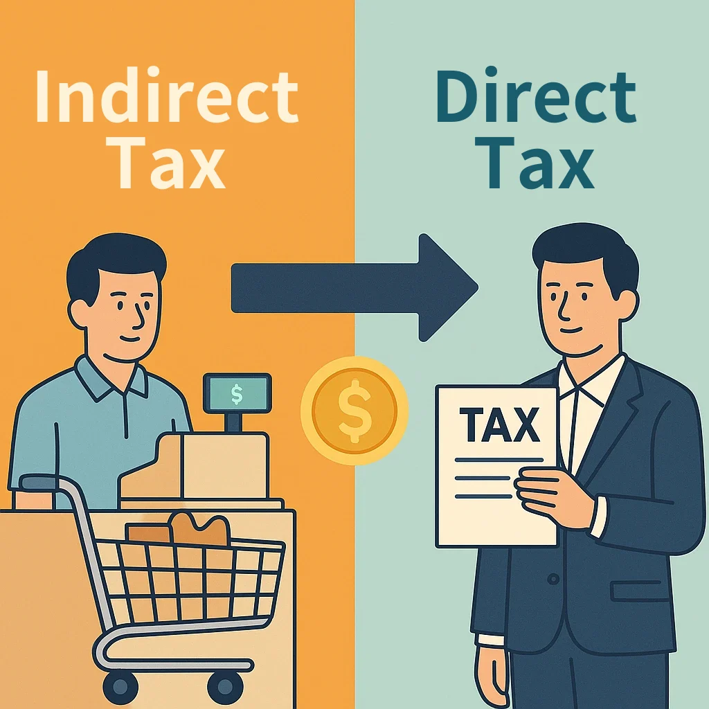 Split cover: on an orange left half headed Indirect Tax, a shopper stands at a checkout with a shopping cart; on a mint right half headed Direct Tax, a man in a suit holds a document marked TAX; an arrow and a coin sit between them.