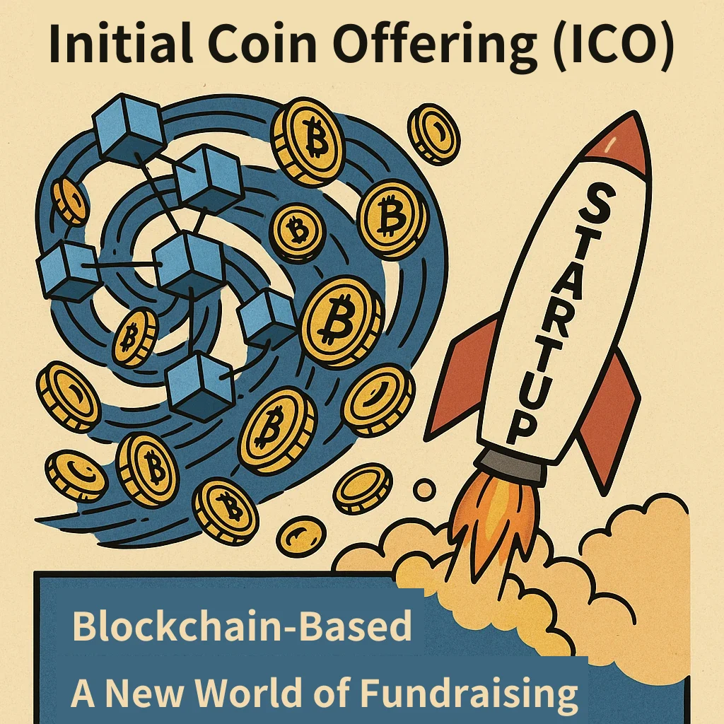 Retro poster titled Initial Coin Offering (ICO): a swirl of linked blockchain cubes and bitcoin coins next to a rocket labeled STARTUP blasting off, above a blue box reading Blockchain-Based, A New World of Fundraising.