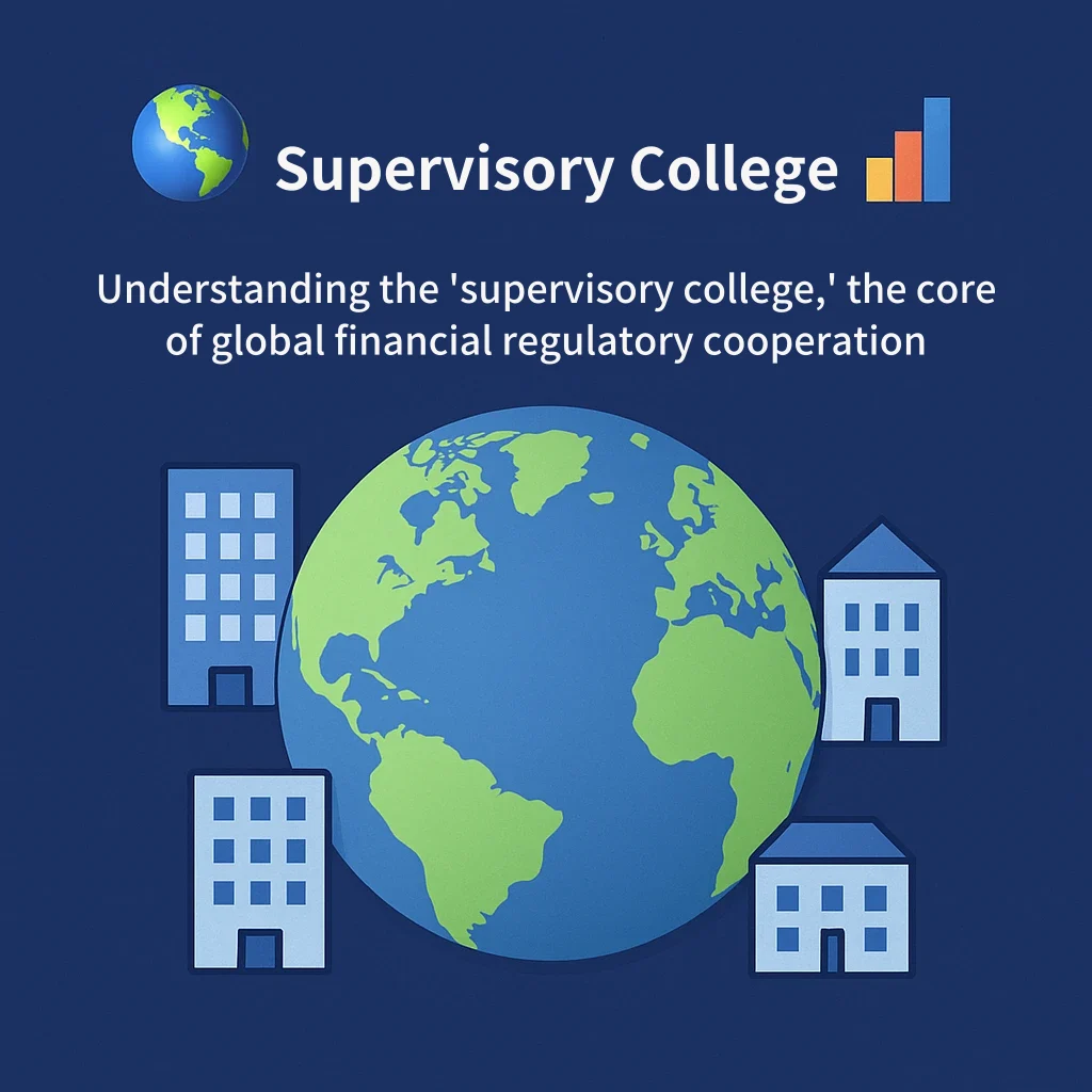 Navy cover titled Supervisory College, subtitled Understanding the 'supervisory college,' the core of global financial regulatory cooperation, with a large globe surrounded by four office buildings.