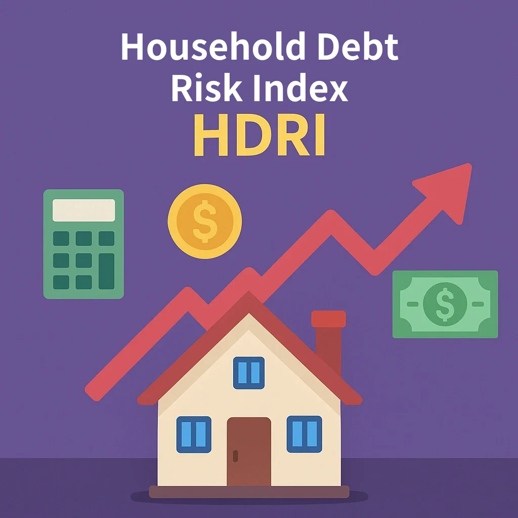 Purple cover reading Household Debt Risk Index and HDRI, with a house under a rising red zigzag arrow, a calculator, a gold dollar coin and a banknote.