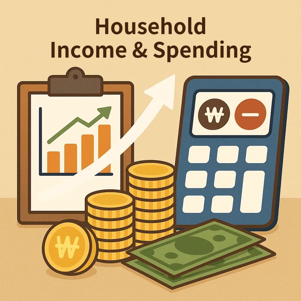 Beige cover reading Household Income & Spending, with a clipboard showing a rising bar chart, stacks of won coins, banknotes and a calculator displaying won and minus symbols.