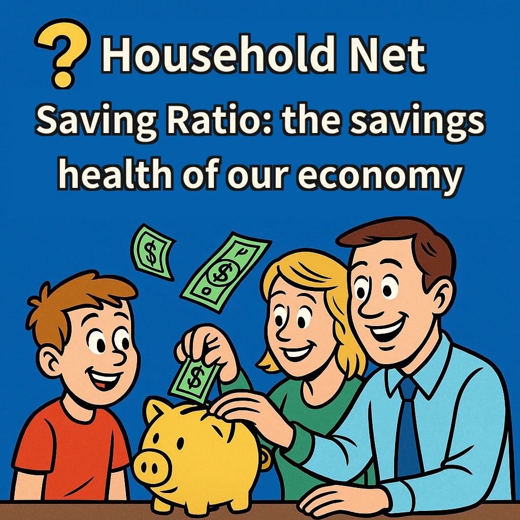 Blue cartoon cover with a yellow question mark reading Household Net Saving Ratio: the savings health of our economy; below, a smiling boy, mother and father put banknotes into a yellow piggy bank.