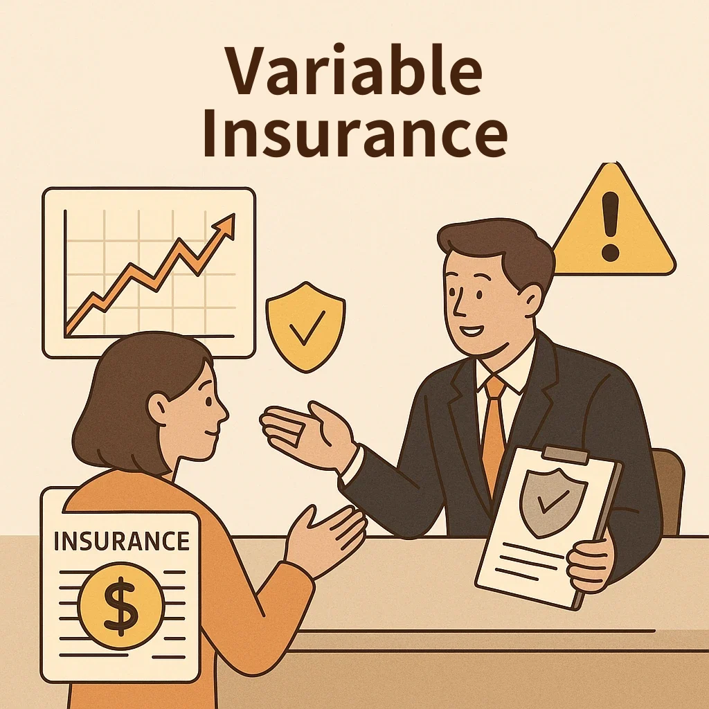 Beige cover reading Variable Insurance: an insurance agent in a suit holding a clipboard explains a policy to a woman holding an INSURANCE document, beside a rising chart, a shield with a check mark and a warning sign.