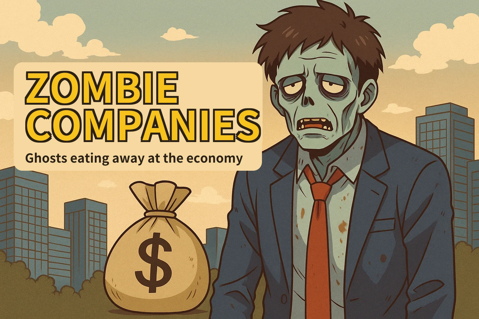Cartoon cover reading ZOMBIE COMPANIES and Ghosts eating away at the economy: a green-skinned zombie in a blue suit and red tie stands among office towers next to a money bag with a dollar sign.