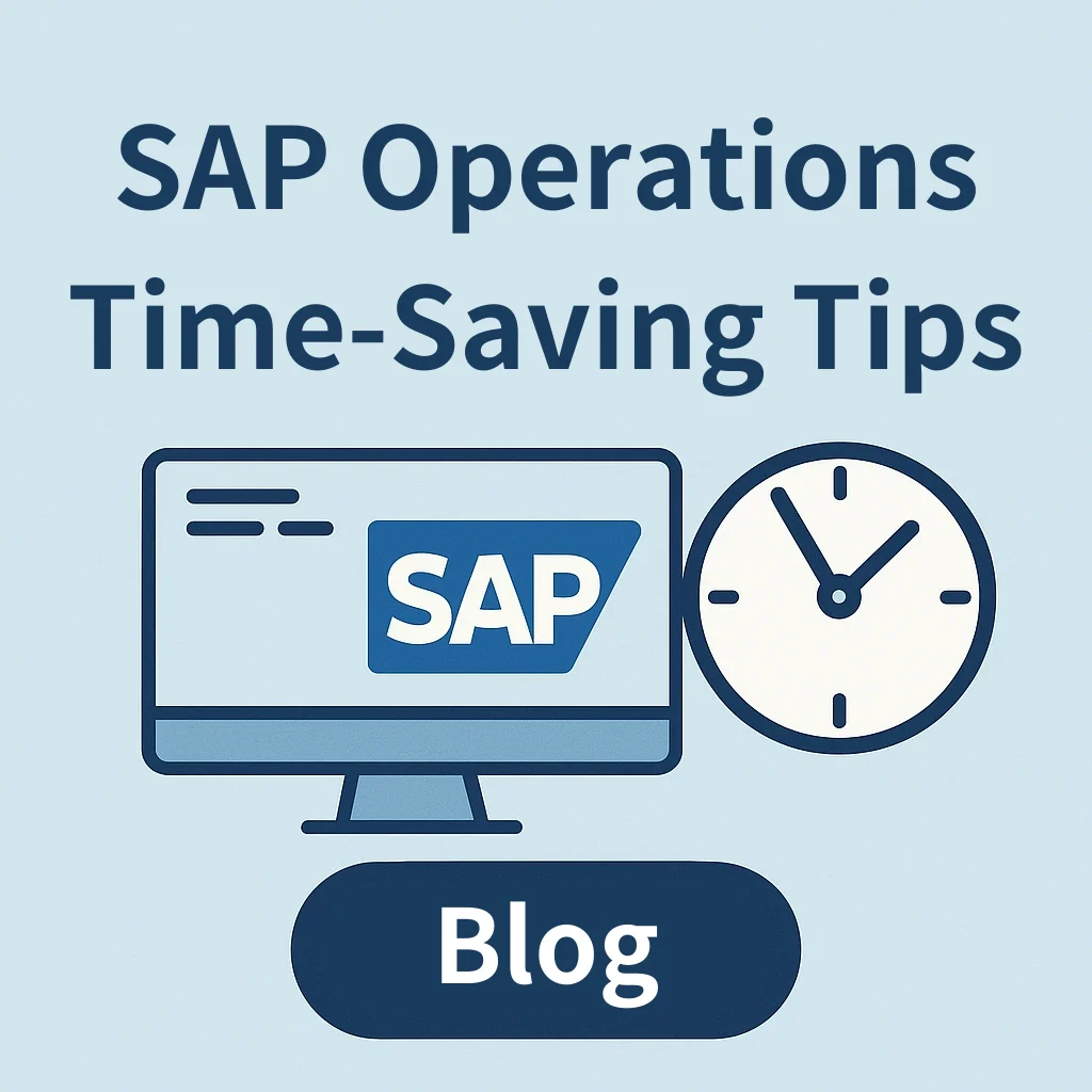 Cover illustration reading SAP Operations Time-Saving Tips, with a monitor showing the SAP logo, a wall clock, and a Blog label.