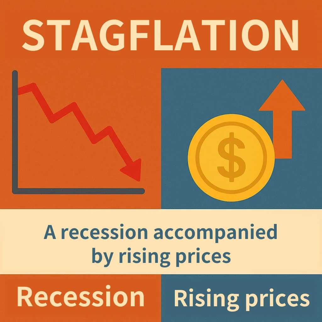 Cover reading STAGFLATION: a falling line chart labeled Recession, a gold coin with an up arrow labeled Rising prices, and a band reading A recession accompanied by rising prices.