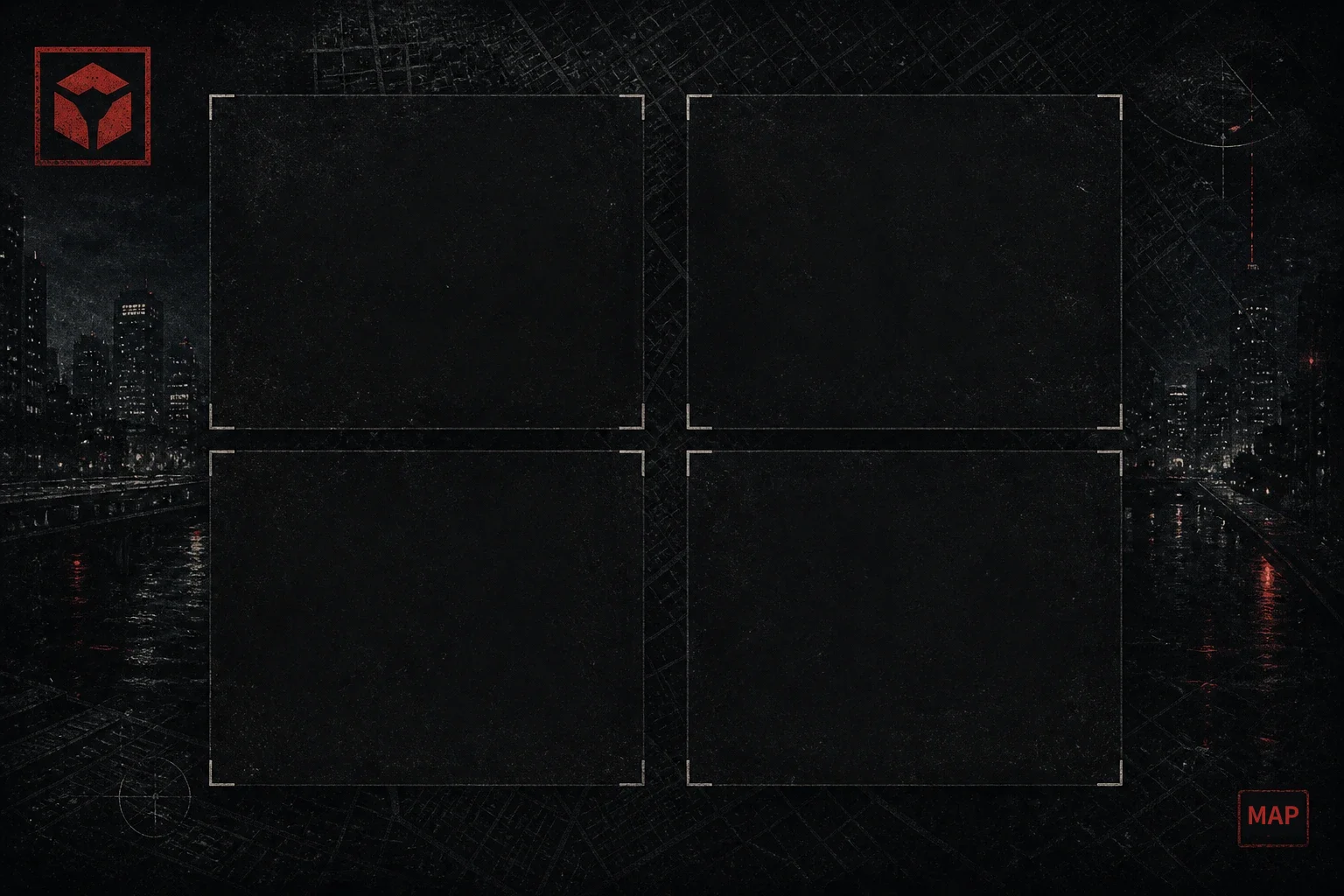 Four empty framed panels over a dark city map at night, with a red cube icon in one corner and a small red MAP stamp in the other.