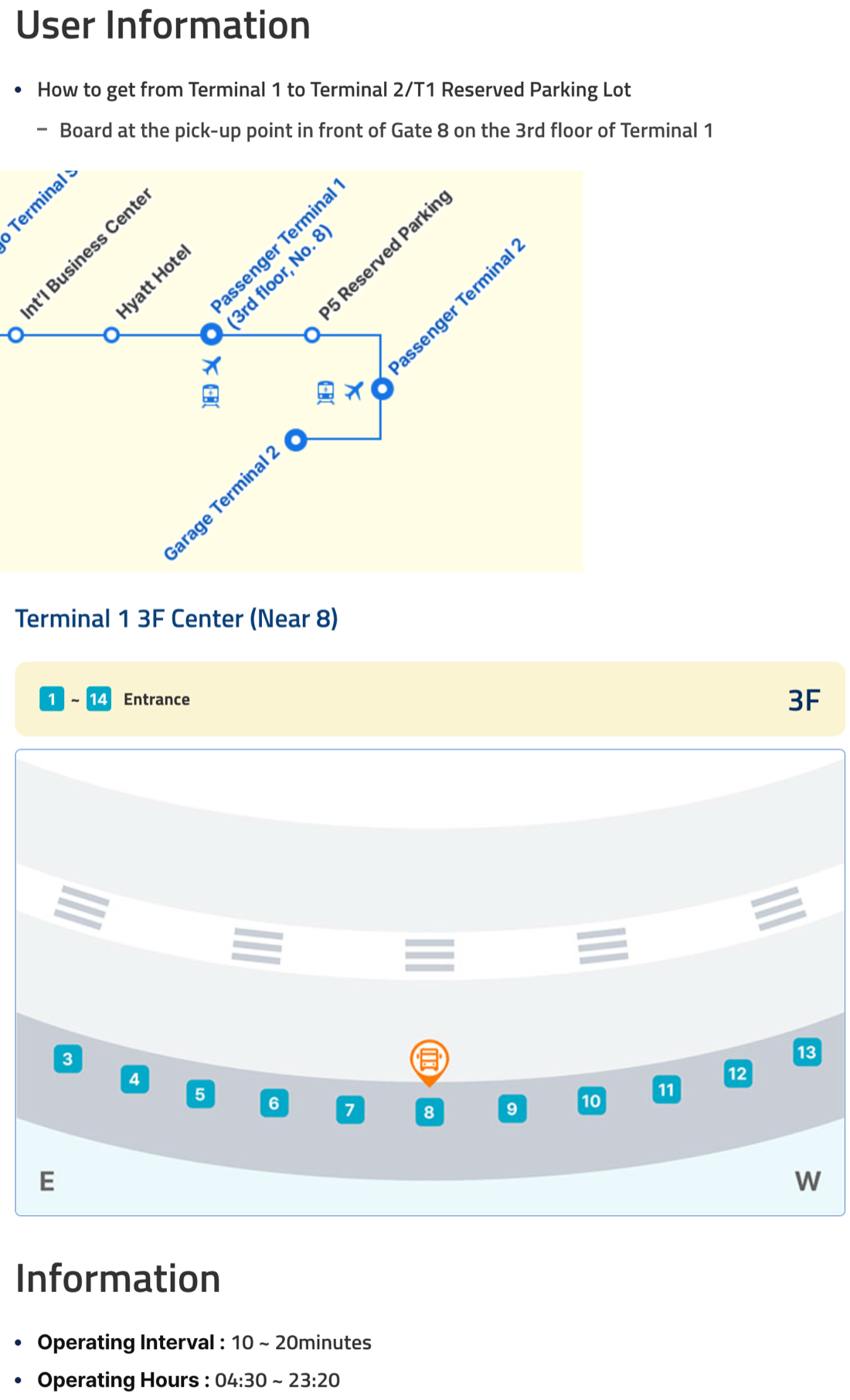 Parts of the English Airport 04 page: board at the pick-up point in front of Gate 8 on the 3rd floor of Terminal 1; the route strip Passenger Terminal 1 (3rd floor, No. 8), P5 Reserved Parking, Passenger Terminal 2; the Terminal 1 3F Center (Near 8) stop map; operating interval 10–20 minutes and hours 04:30–23:20.