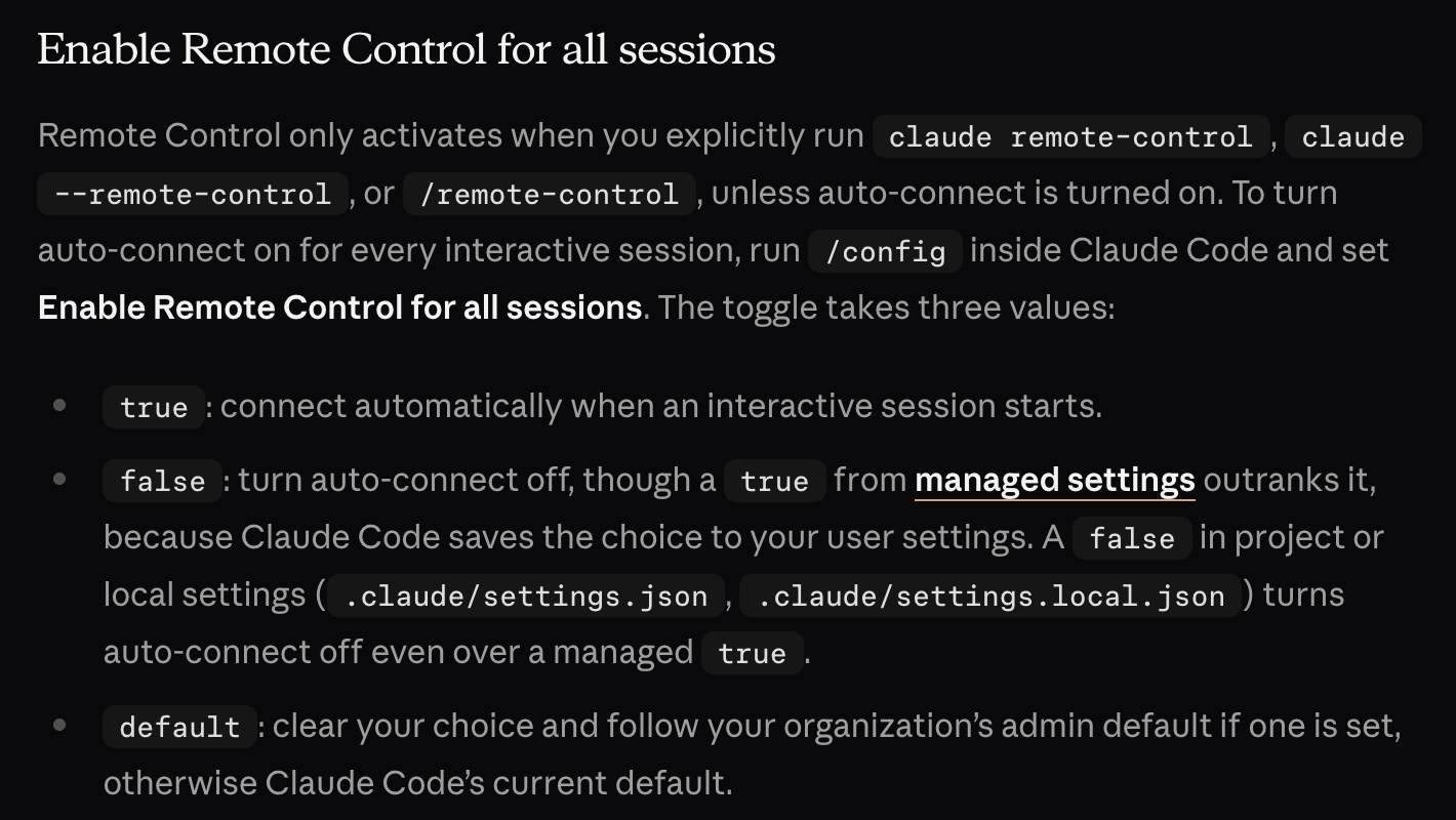 The Enable Remote Control for all sessions section of the Claude Code docs, explaining that true connects automatically when an interactive session starts.