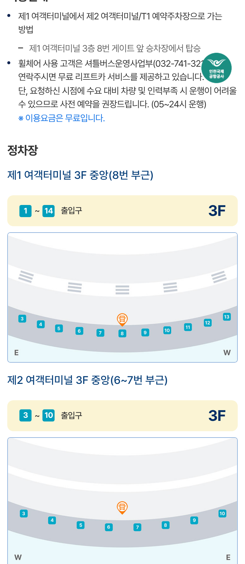 공항 04번 한국어 페이지. 1터미널 3층 8번 게이트, 이용요금 무료, 10에서 20분, 04:30에서 23:20. 이어지는 정류장 목록에 P5 예약주차장과 2터미널 3층 6번이 있다.