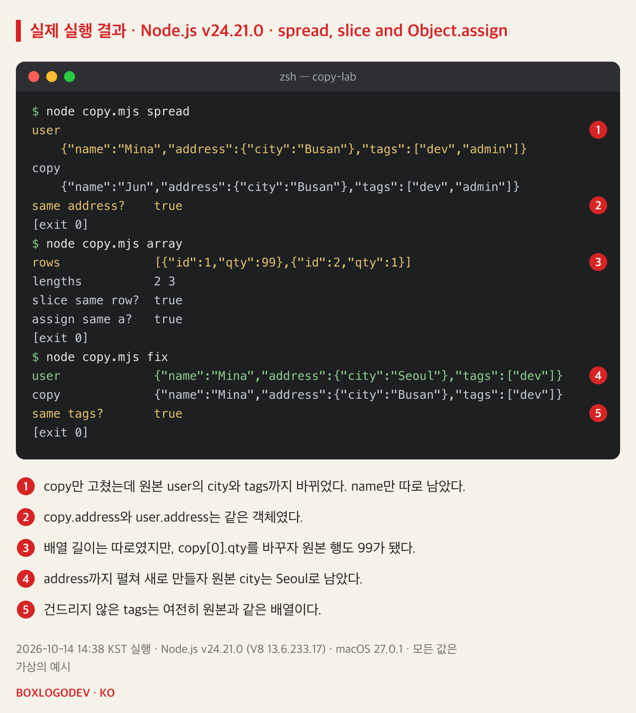 Node.js v24.21.0 실행 결과. copy.mjs spread: user가 city Busan, tags dev·admin으로 바뀌었고 copy는 name만 Jun이며 same address?는 true. array: rows 첫 행 qty가 99, 길이는 2와 3, slice same row? true, assign same a? true. fix: user의 city는 Seoul, copy의 city는 Busan, same tags?는 true.