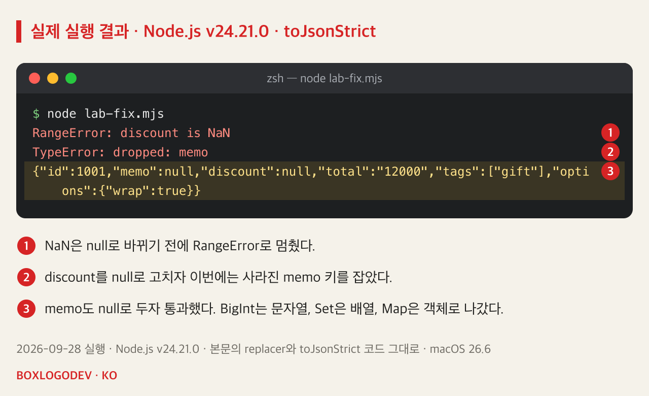 Node.js v24.21.0 실행 결과. 첫 줄 RangeError discount is NaN, 둘째 줄 TypeError dropped memo, 셋째 줄은 memo null, discount null, total 문자열 12000, tags 배열 gift, options 객체 wrap true가 담긴 JSON 문자열.