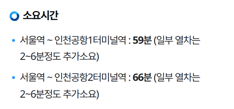공항철도 일반열차 소개 화면의 소요시간. 서울역에서 1터미널 59분, 2터미널 66분이며 일부 열차는 2에서 6분 추가. 2026년 9월 25일 캡처.