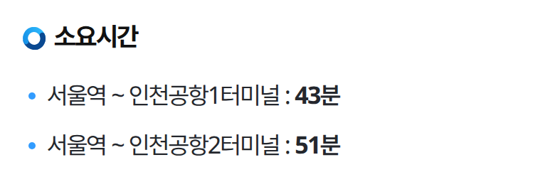 공항철도 직통열차 소개 화면의 소요시간. 서울역에서 인천공항 1터미널 43분, 2터미널 51분. 2026년 9월 25일 한국어 공식 페이지.